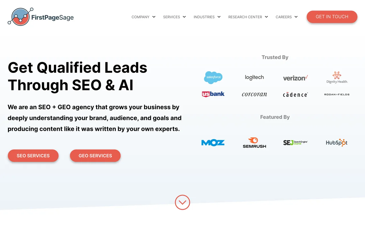 First Page Sage homepage screenshot, Fintech SEO and generative engine optimization
