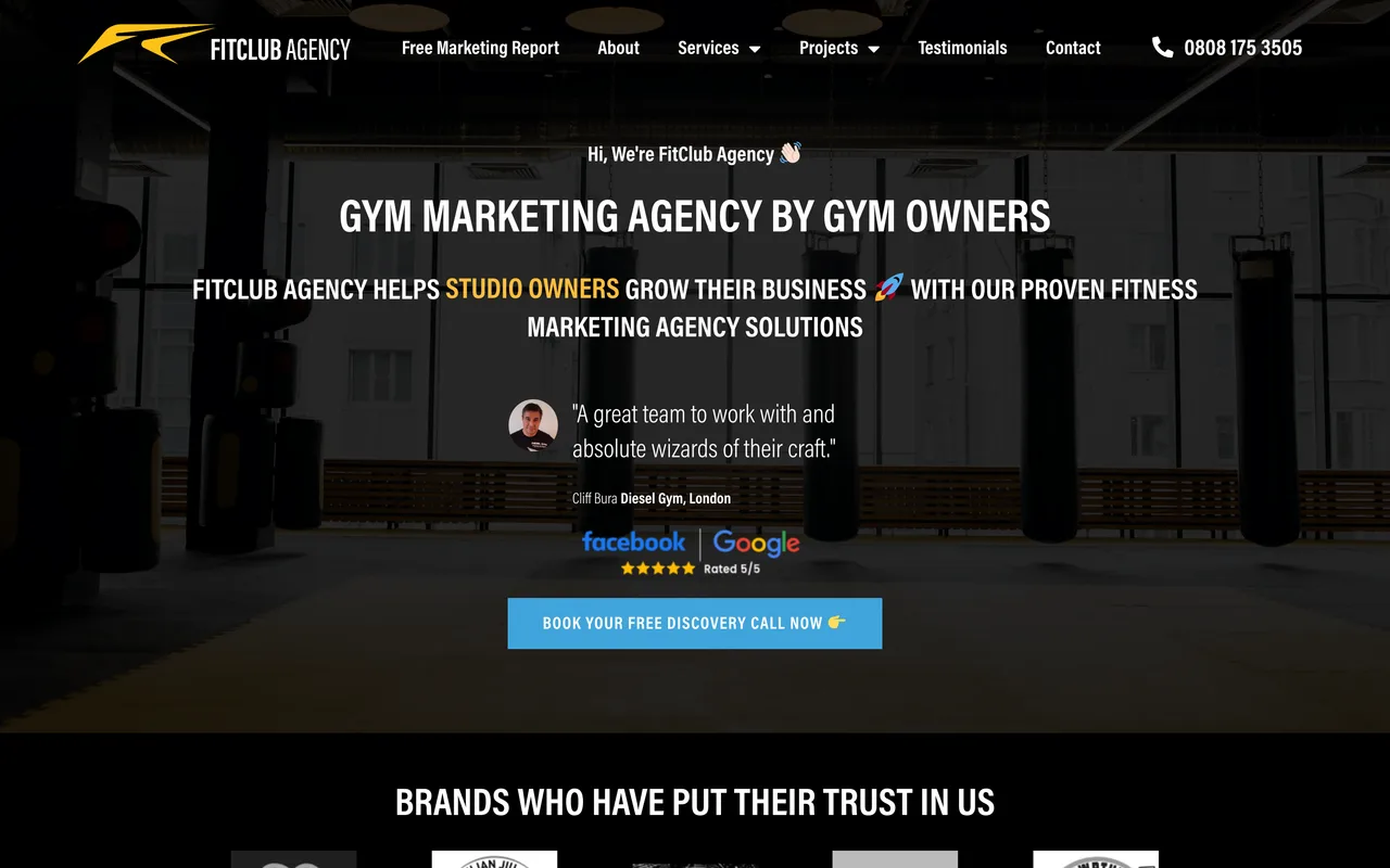 FitClub Agency homepage screenshot, Fitness and gym marketing