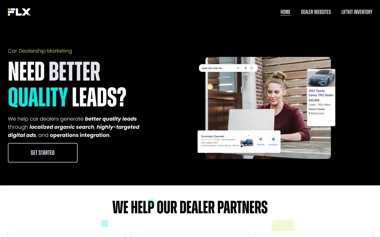 FlexDealer homepage screenshot, Local SEO and marketing for auto and RV dealers