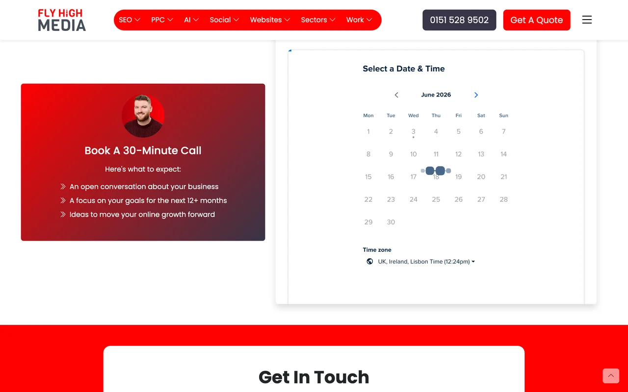 Fly High Media homepage screenshot, SEO, PPC and social media