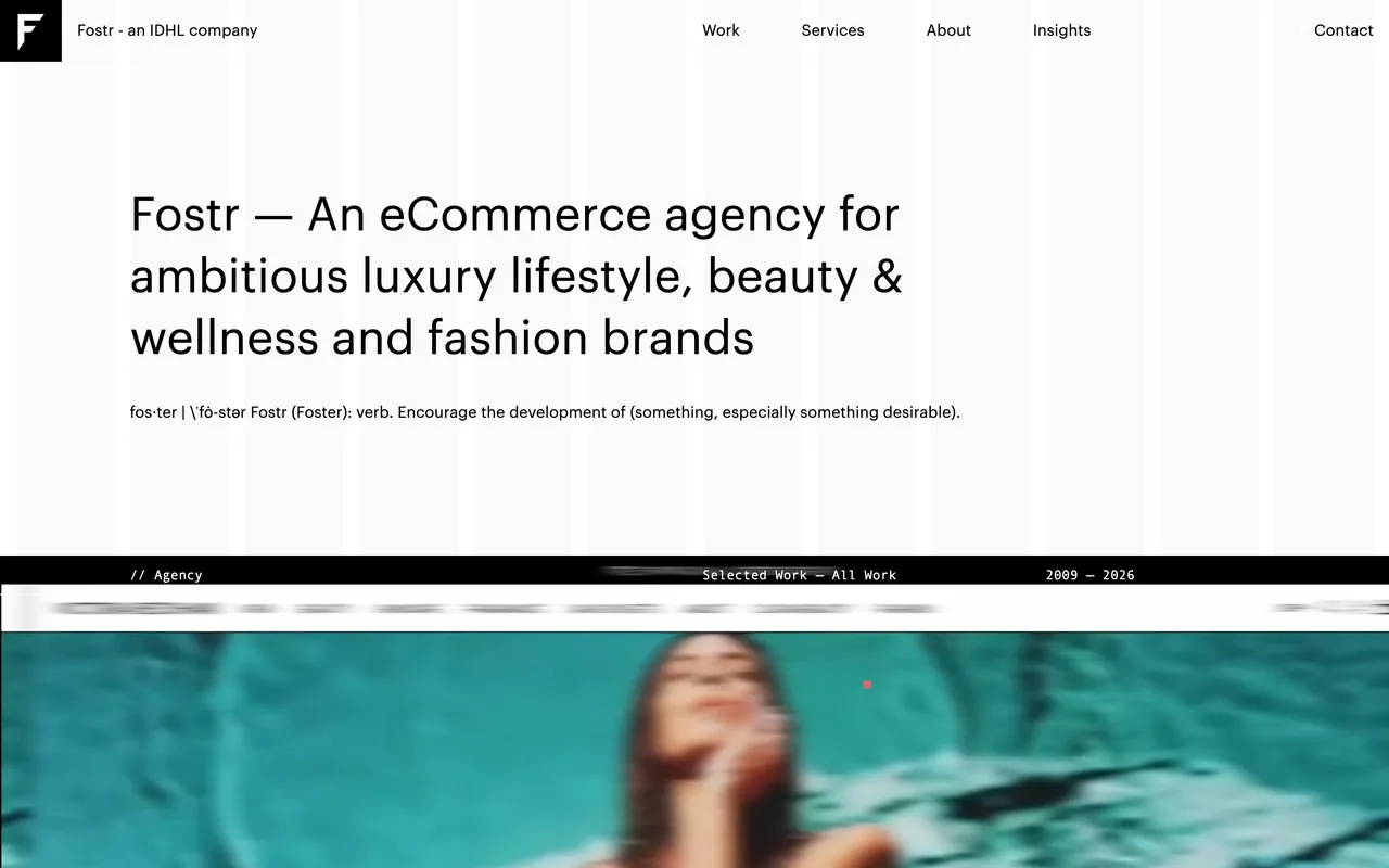 Fostr homepage screenshot, Shopify Plus design and build for luxury and beauty brands