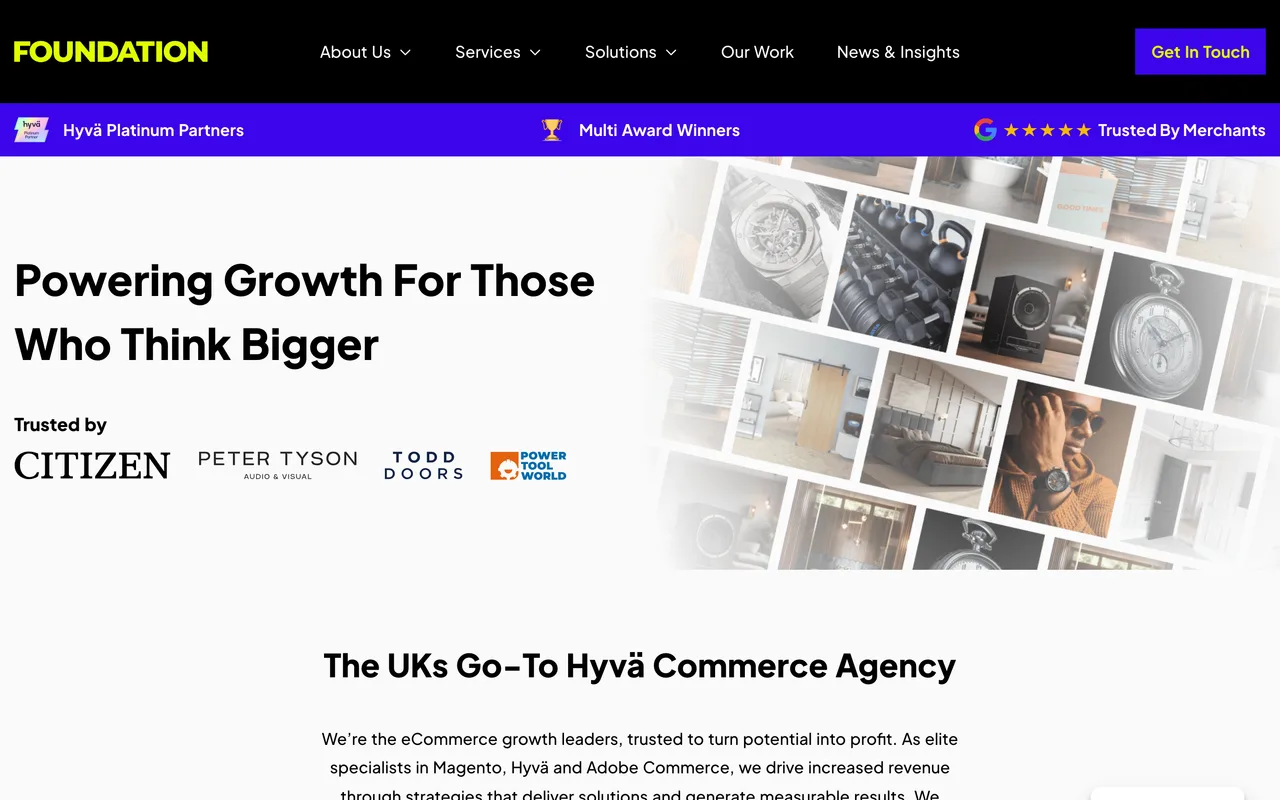 Foundation Commerce homepage screenshot, Magento, Adobe Commerce and Hyva SEO