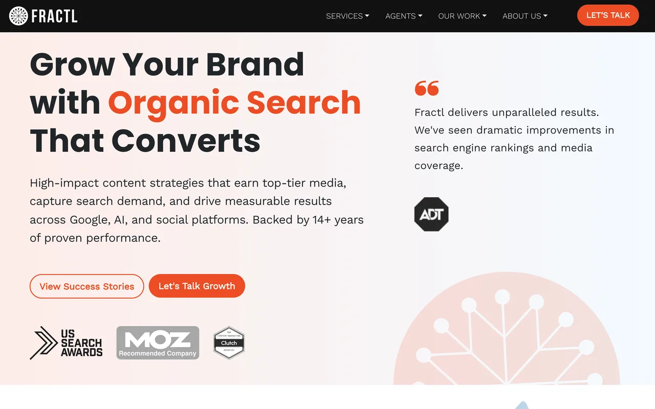 Fractl homepage screenshot, Earned media and data-driven digital PR