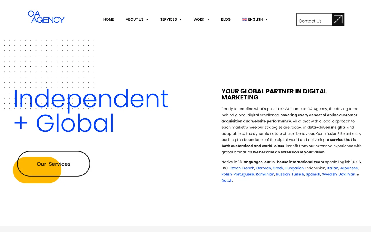 GA Agency homepage screenshot, International and multilingual SEO