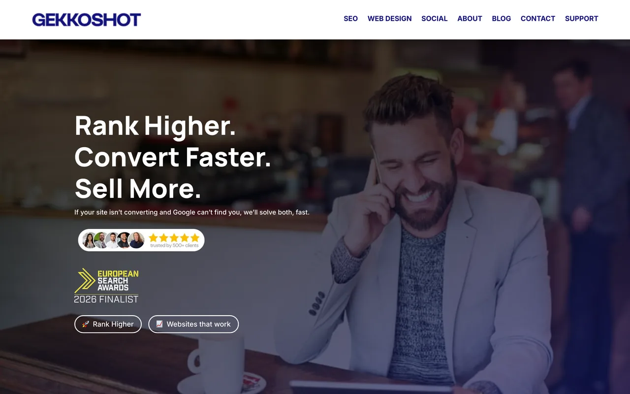 Gekkoshot homepage screenshot, SEO, web design and social media