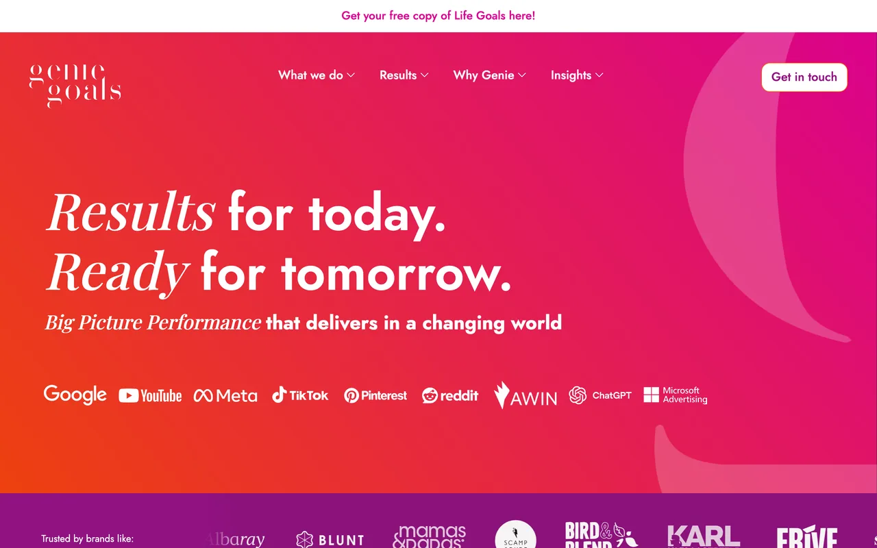 Genie Goals homepage screenshot, Ecommerce performance marketing