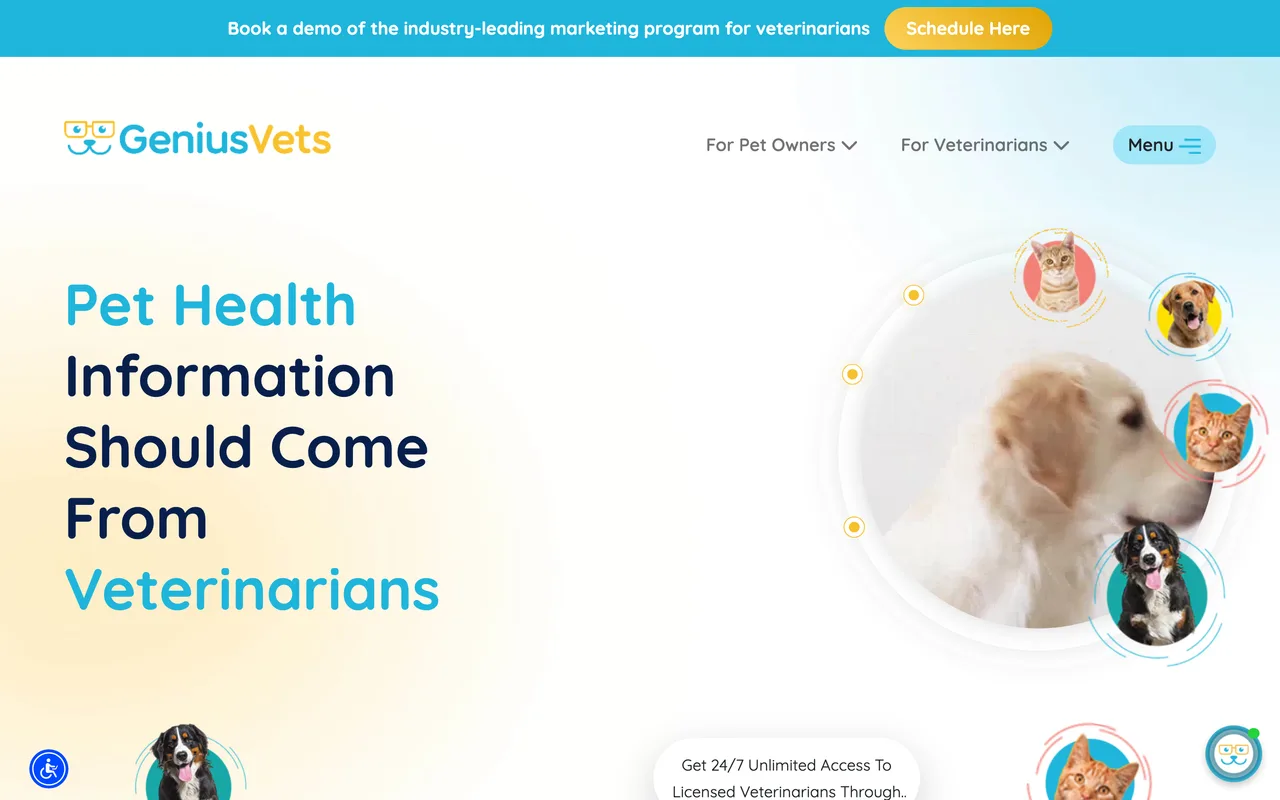GeniusVets homepage screenshot, Veterinary marketing platform, SEO and websites