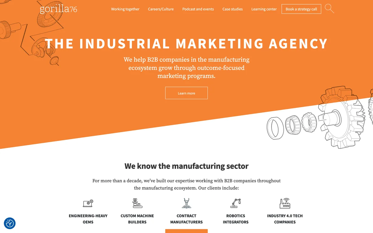 Gorilla 76 homepage screenshot, Industrial and manufacturing B2B marketing