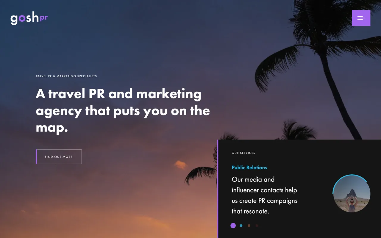 Gosh PR homepage screenshot, Travel and tourism PR and communications