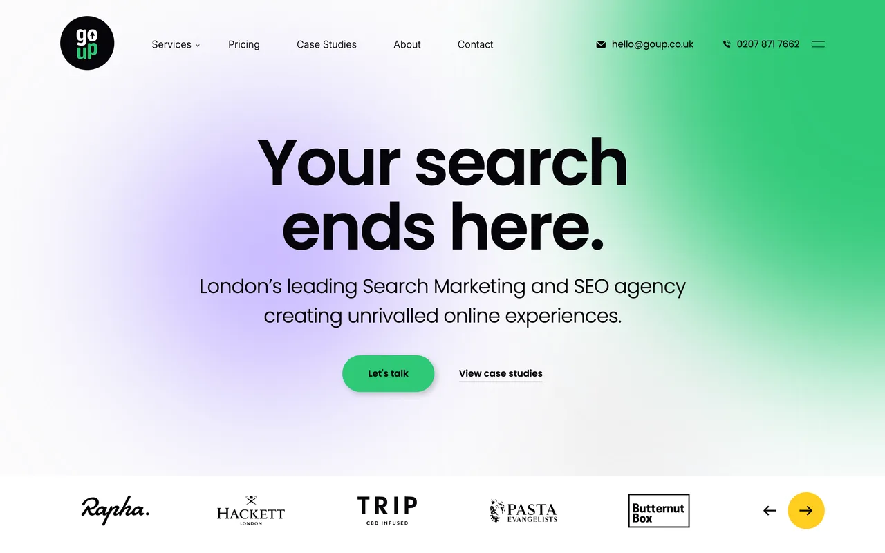 Go Up homepage screenshot, Fintech and financial services SEO