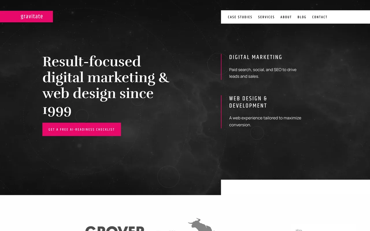 Gravitate homepage screenshot, Healthcare technology digital marketing with SEO