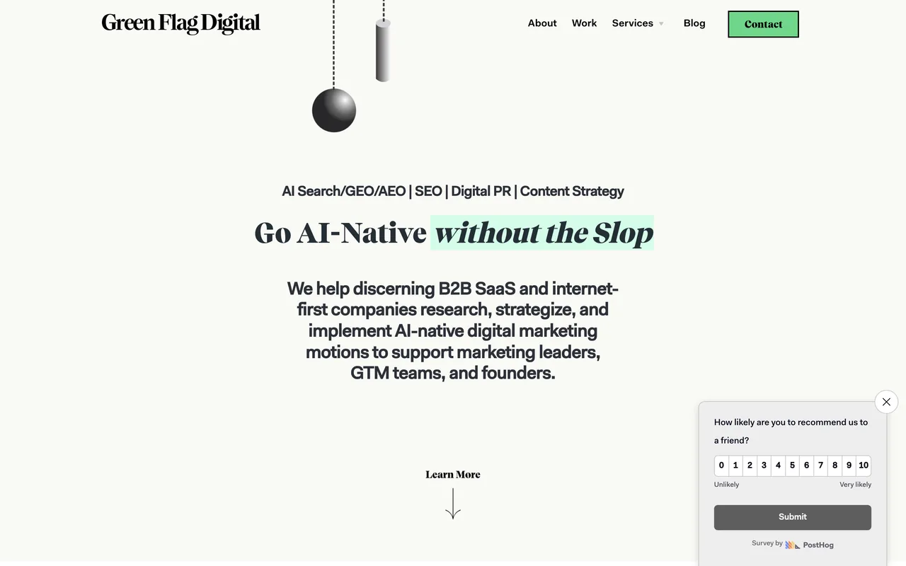 Green Flag Digital homepage screenshot, Digital PR and content, including travel digital PR campaigns