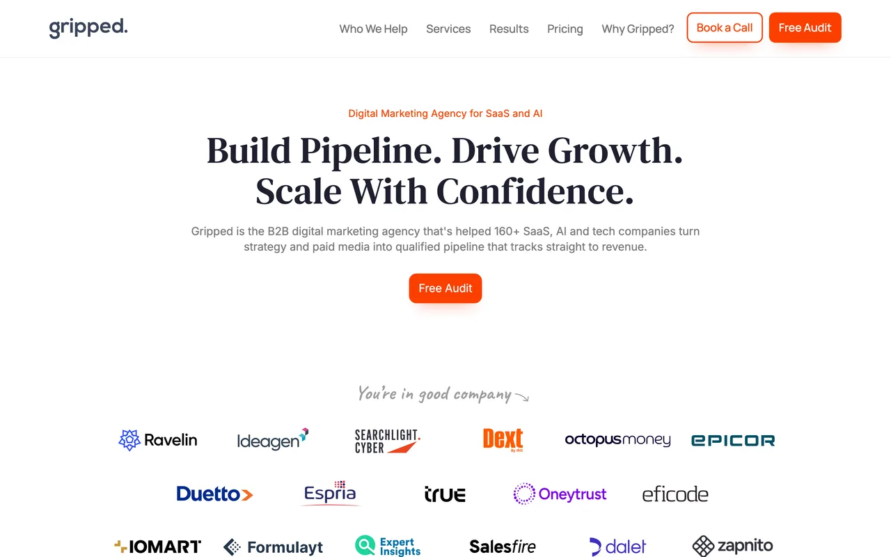 Gripped homepage screenshot, B2B SaaS and tech demand generation with SEO