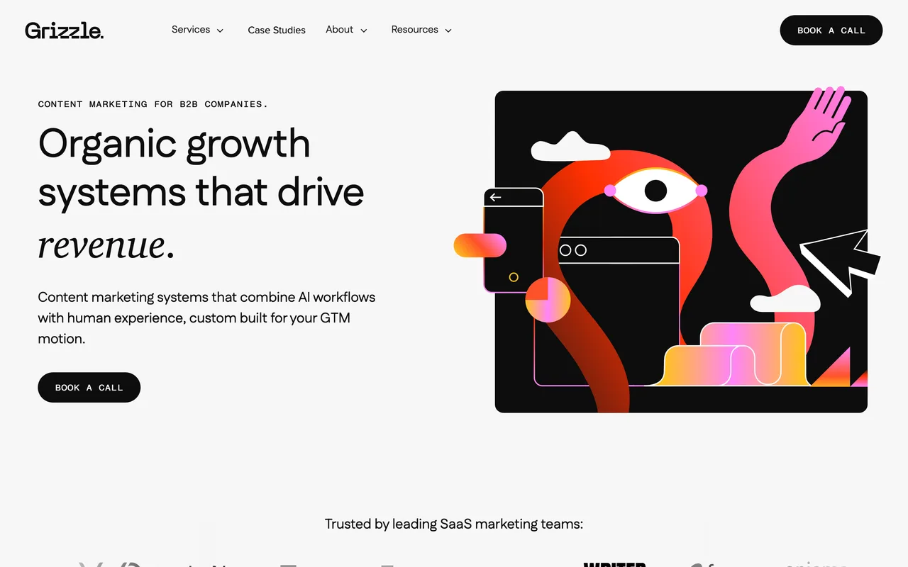 Grizzle homepage screenshot, B2B SaaS content marketing