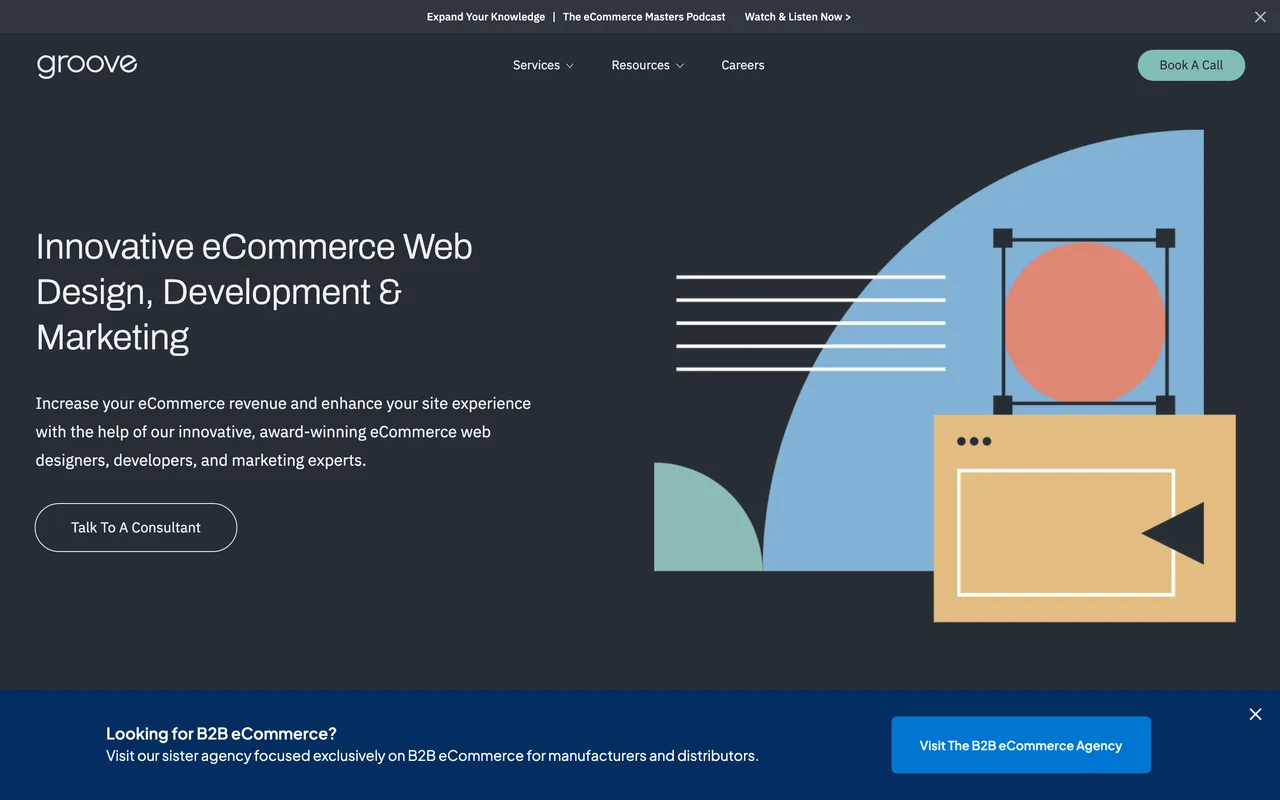 Groove Commerce homepage screenshot, BigCommerce and Shopify ecommerce