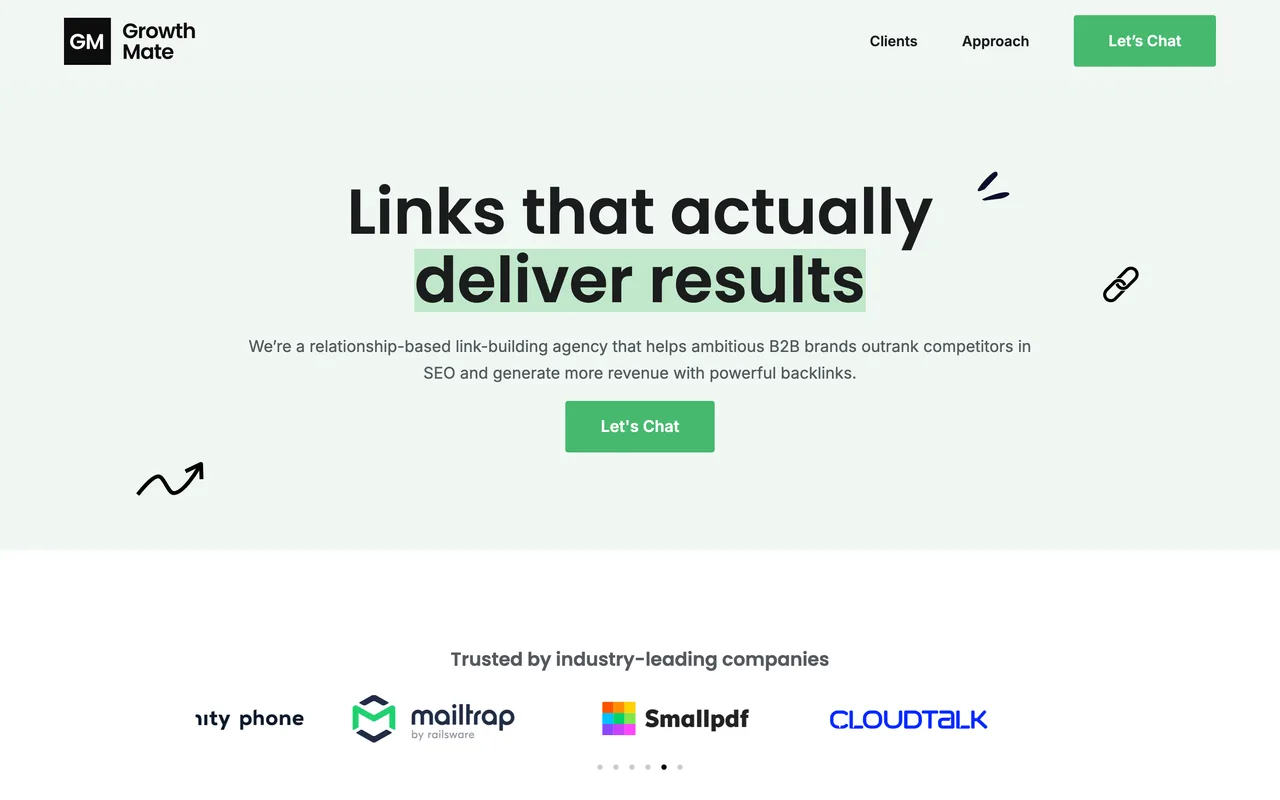 GrowthMate homepage screenshot, White-hat B2B and SaaS link building
