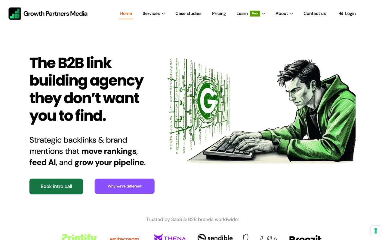 Growth Partners Media homepage screenshot, B2B link building and brand mentions