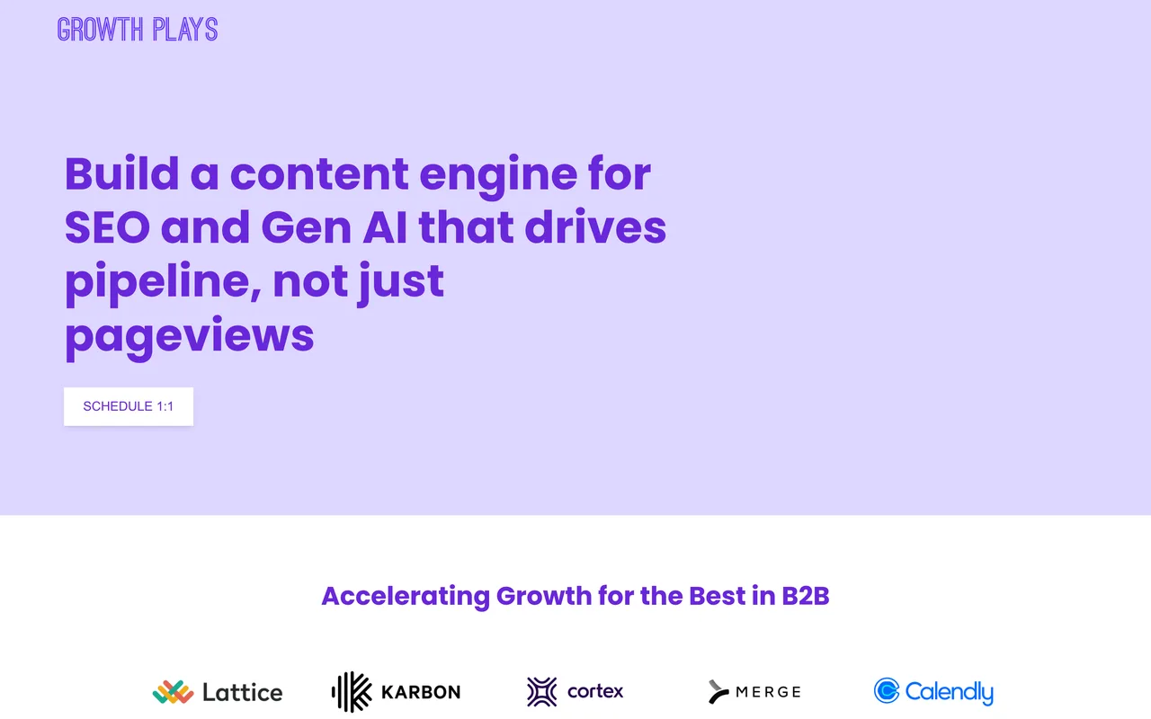 Growth Plays homepage screenshot, B2B SEO and content strategy