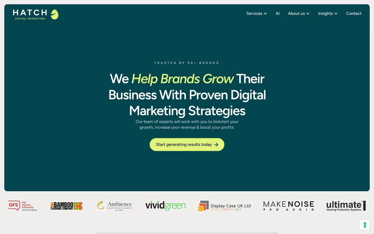 Hatch Digital Marketing homepage screenshot, PPC, paid social, SEO and web design