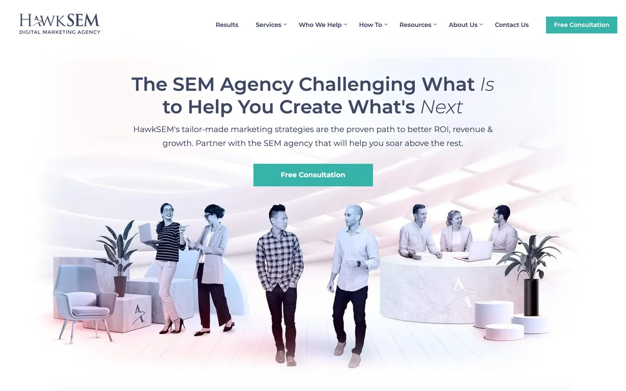 HawkSEM homepage screenshot, PPC and paid social with ecommerce Shopping and feed management