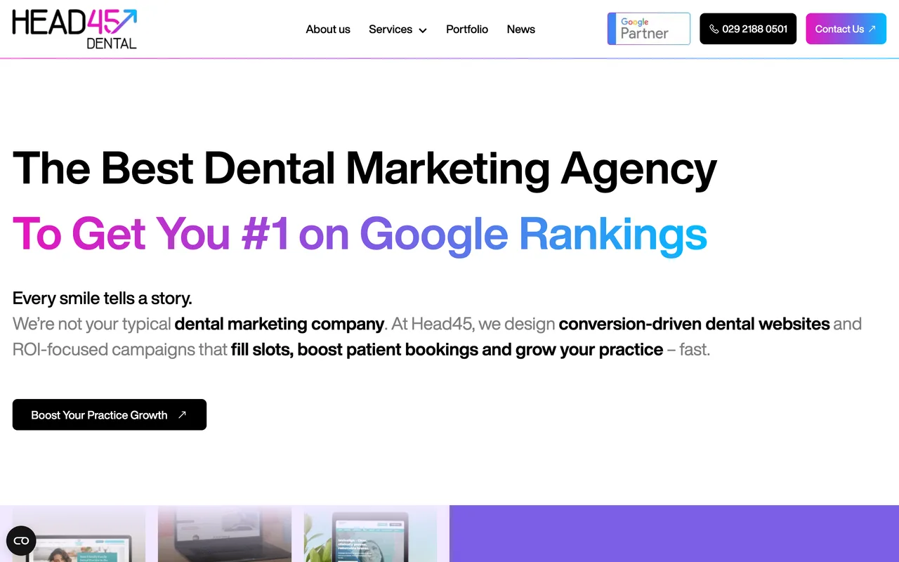 Head45 Dental homepage screenshot, Conversion-focused dental SEO and websites