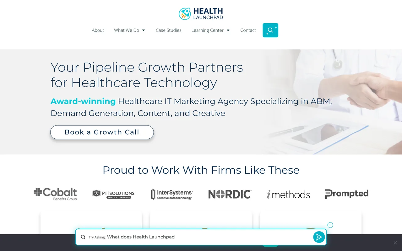 Health Launchpad homepage screenshot, Healthcare technology marketing (ABM, demand gen, SEO/AIO)