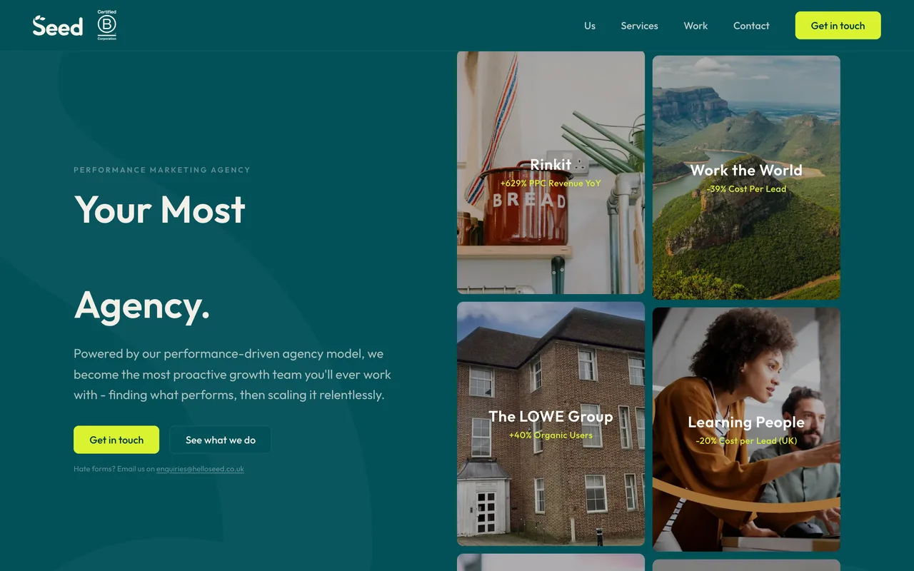 Seed homepage screenshot, Performance marketing and organic search