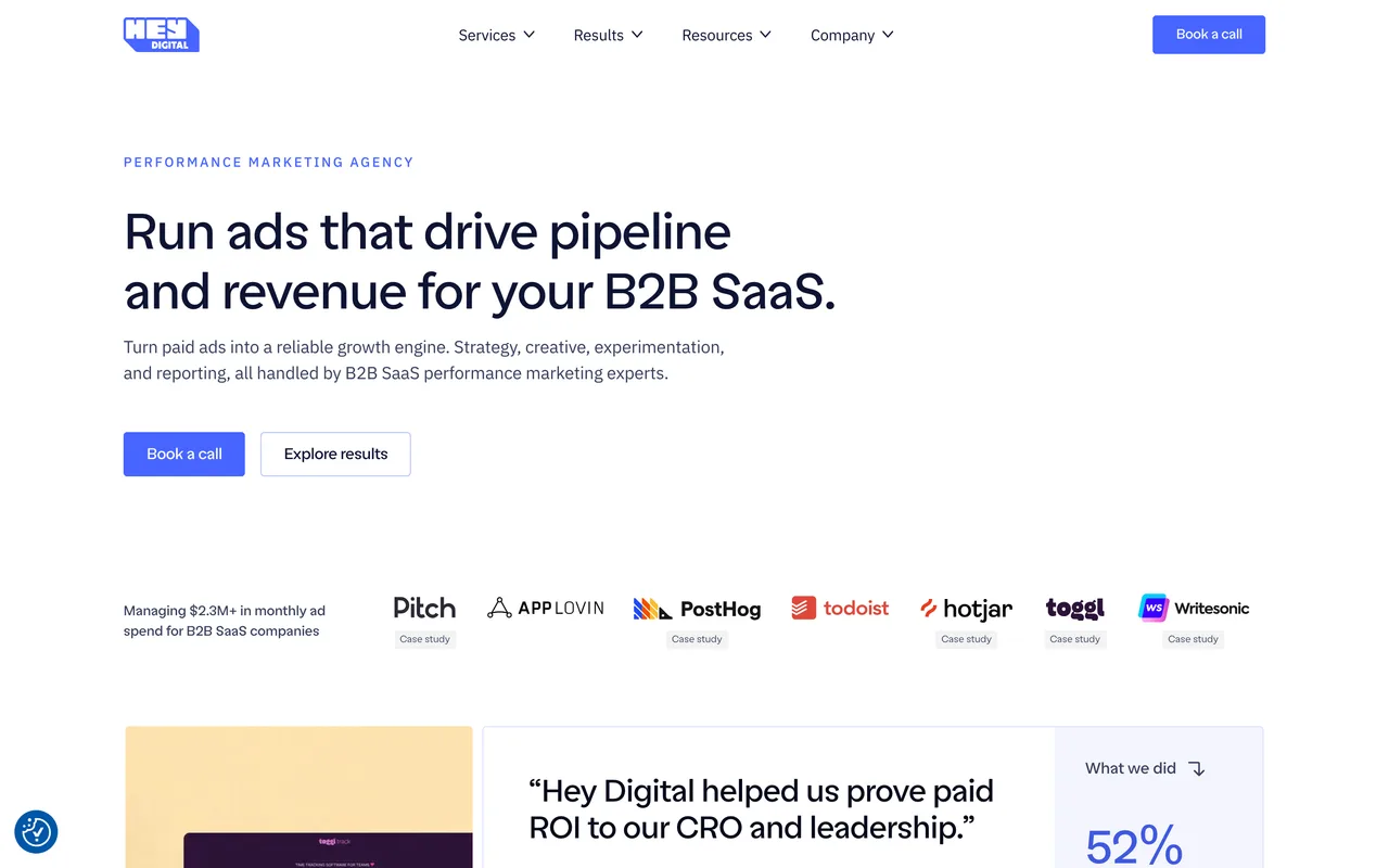 Hey Digital homepage screenshot, B2B SaaS PPC and paid media