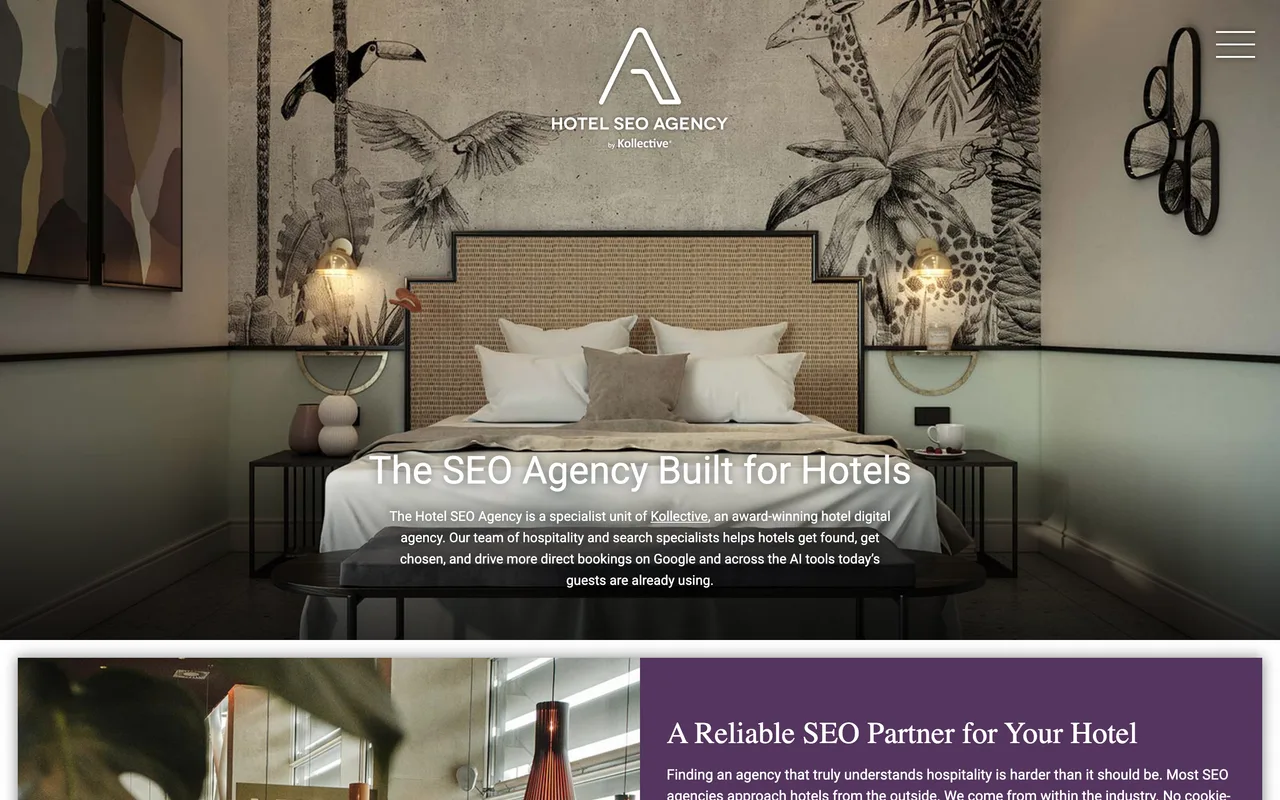The Hotel SEO Agency homepage screenshot, SEO and AI visibility for hotels