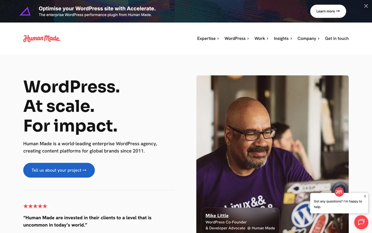 Human Made homepage screenshot, Enterprise WordPress at scale, including headless builds