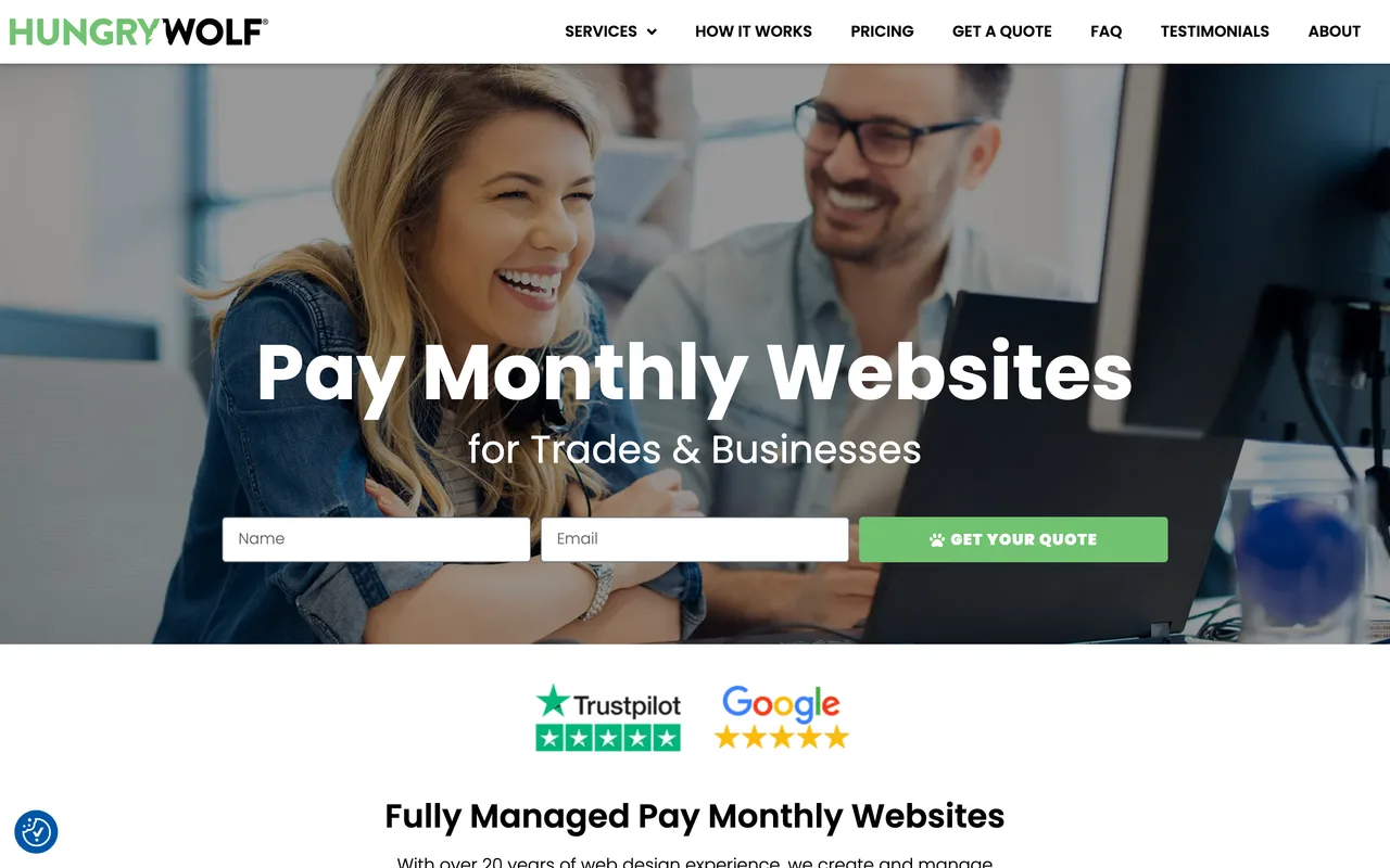 HungryWolf homepage screenshot, Fully managed pay-monthly websites for trades