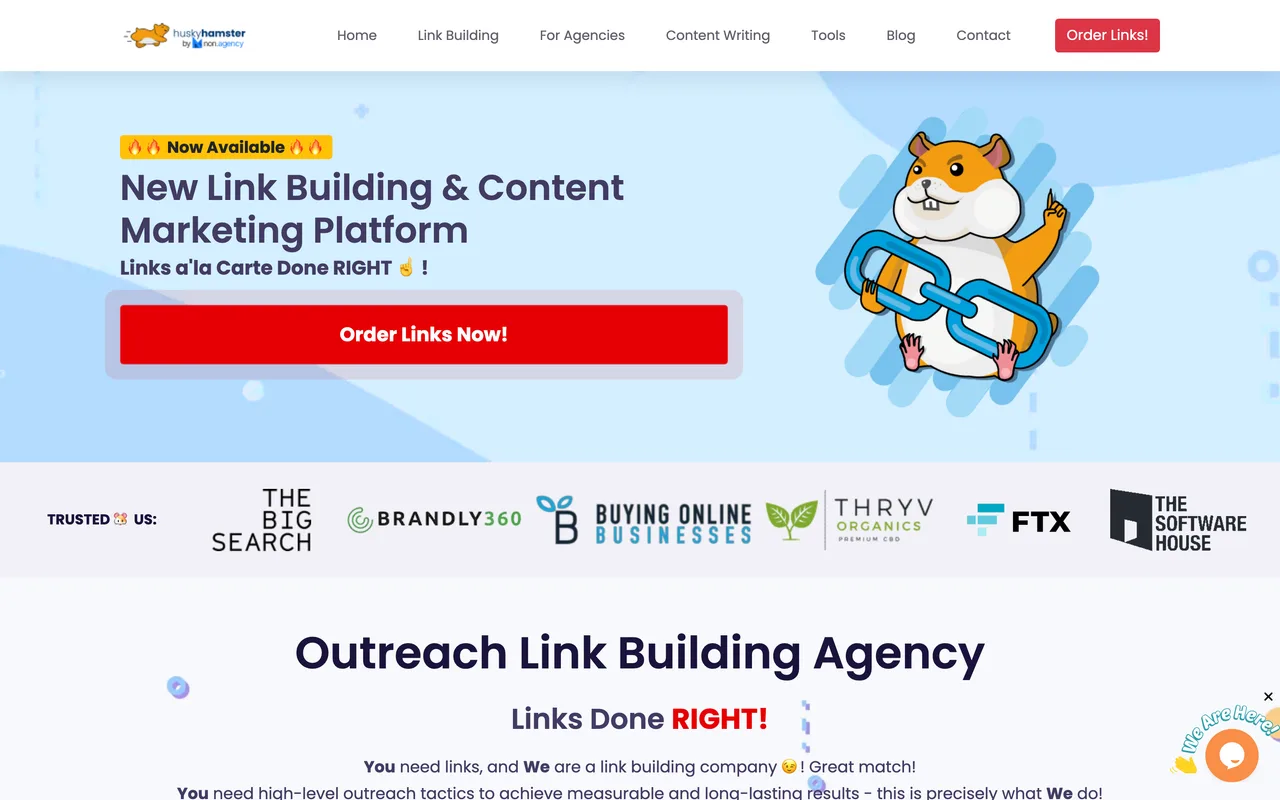 Husky Hamster homepage screenshot, Link building for regulated niches including CBD, CBG, hemp and cannabis