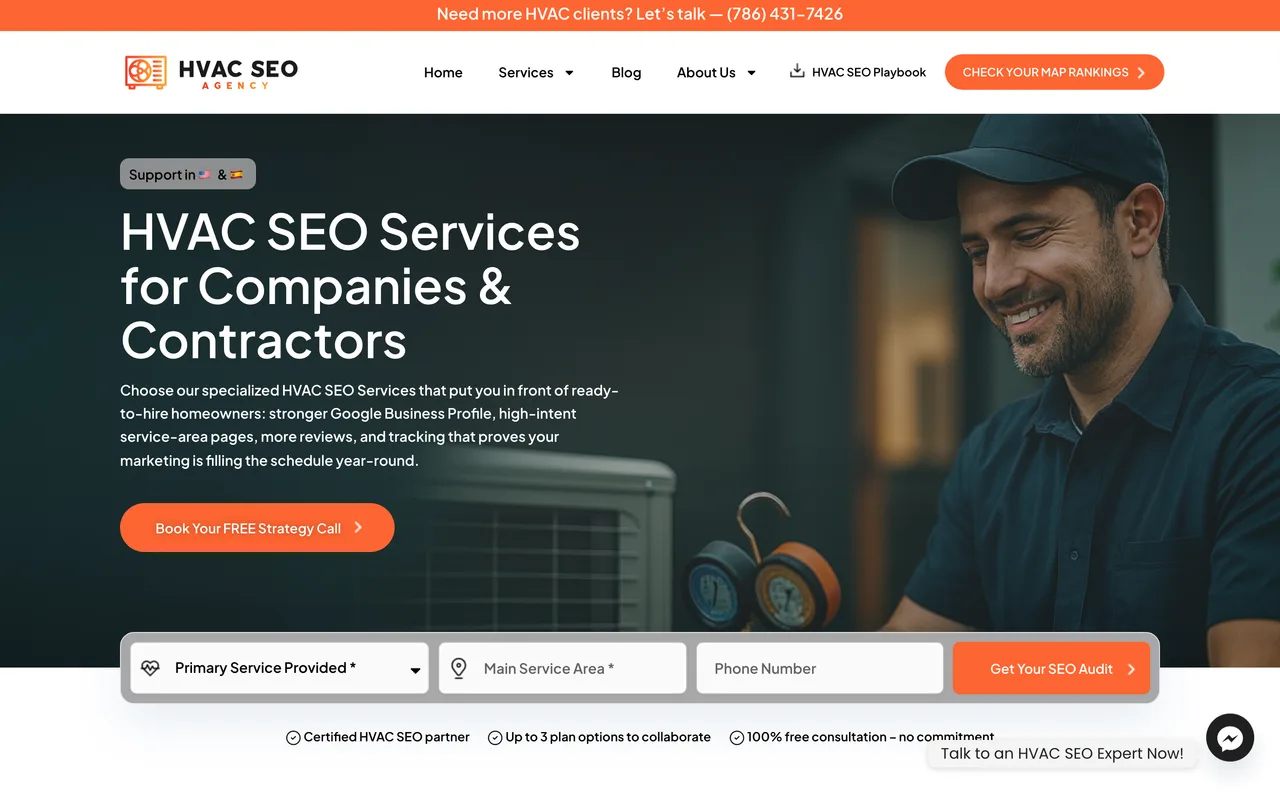 The HVAC SEO Agency homepage screenshot, SEO worked exclusively for heating and cooling contractors