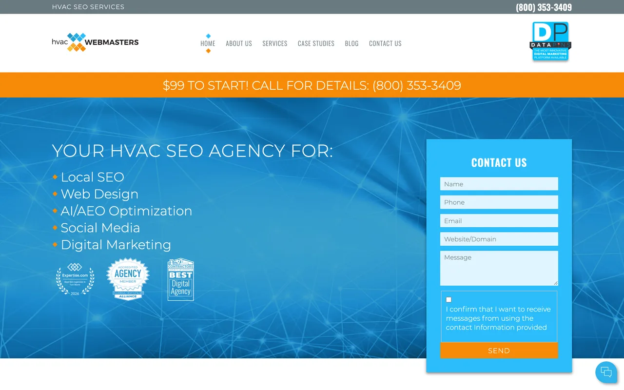 HVAC Webmasters homepage screenshot, SEO and digital marketing built only for HVAC contractors