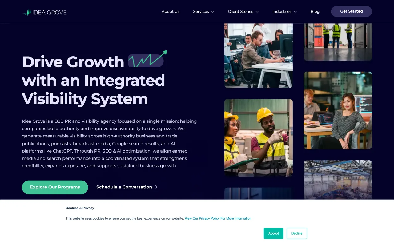 Idea Grove homepage screenshot, B2B earned media, content and SEO for discoverability
