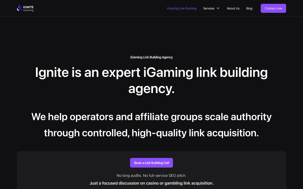 Ignite iGaming homepage screenshot, iGaming and casino link building