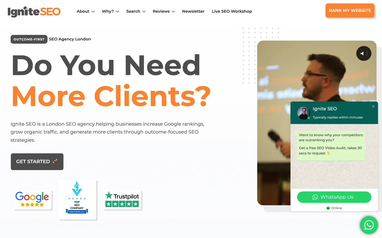 Ignite SEO homepage screenshot, Outcome-focused organic search