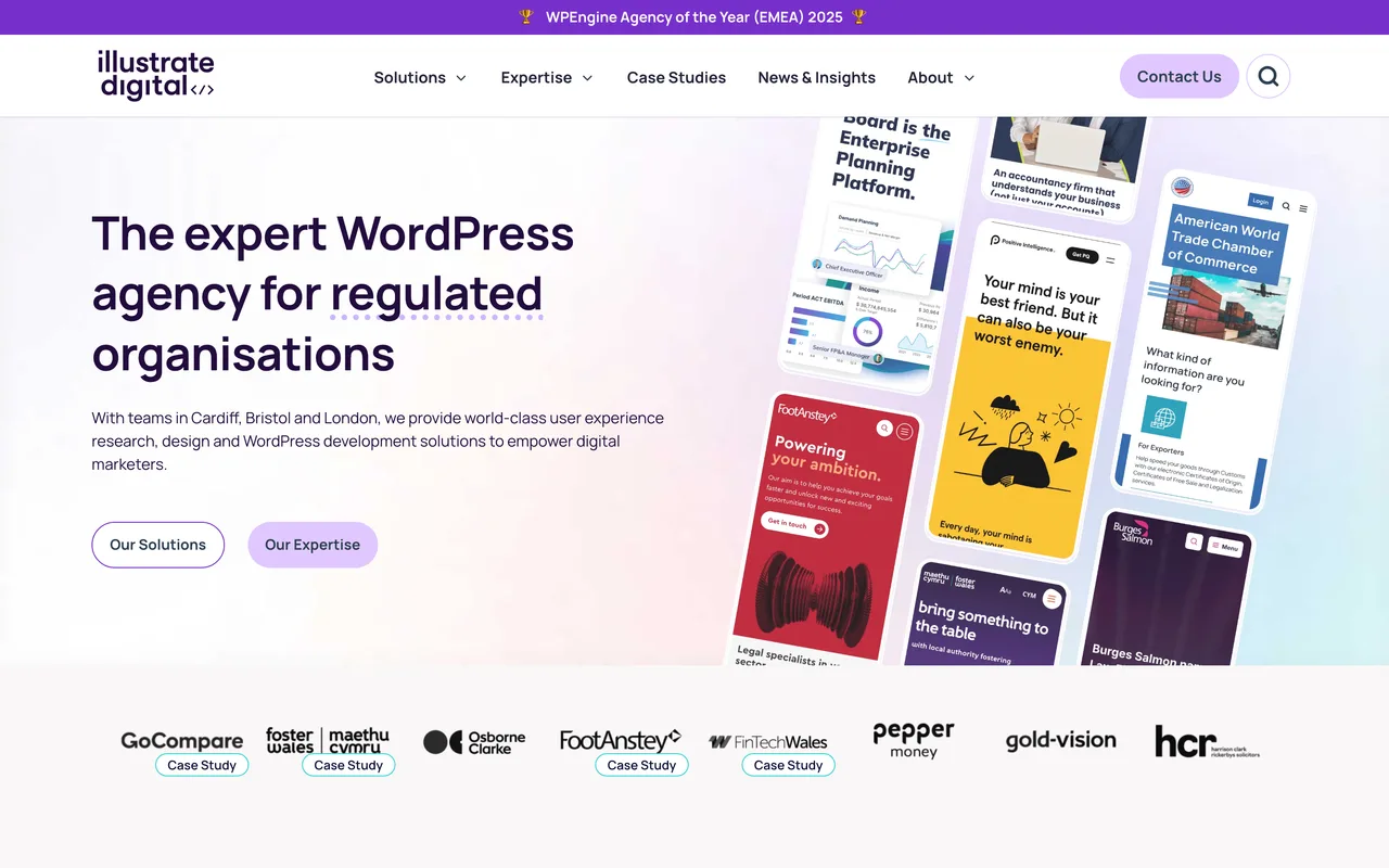 Illustrate Digital homepage screenshot, WordPress development and UX for regulated organisations