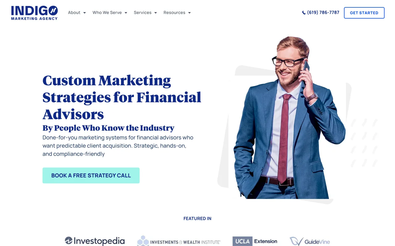 Indigo Marketing Agency homepage screenshot, Done-for-you marketing and SEO for financial advisors