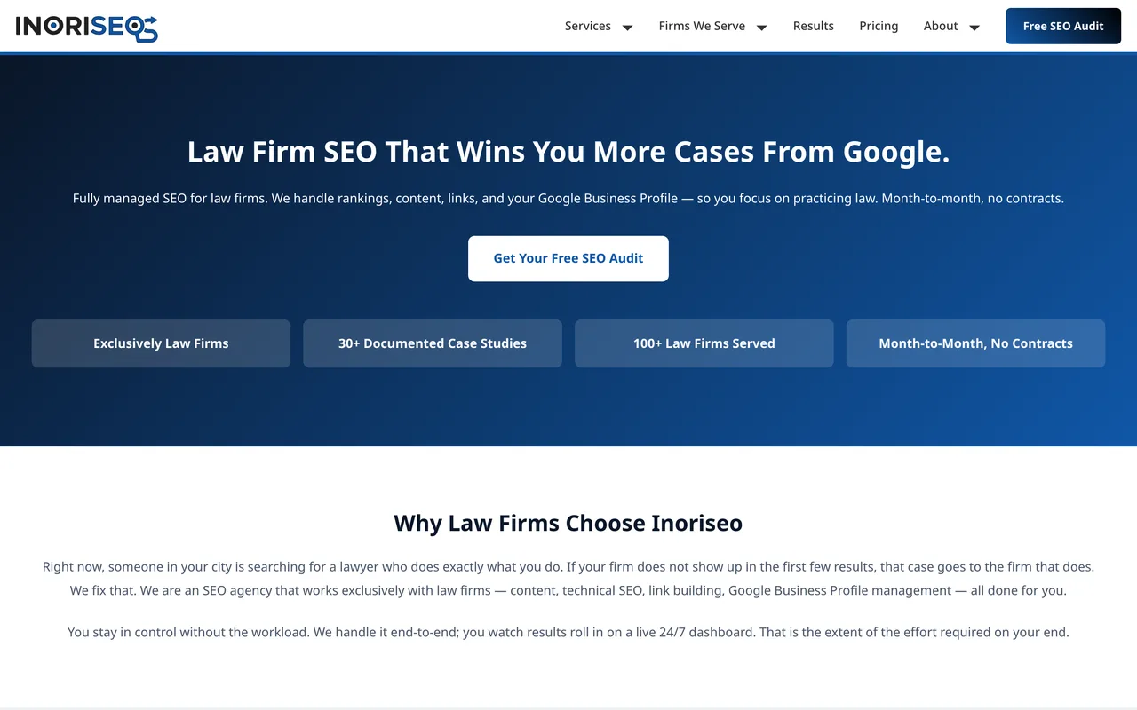 Inoriseo homepage screenshot, Law firm SEO with dedicated link building
