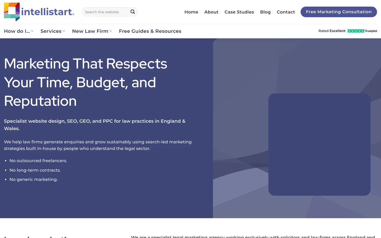 Intellistart homepage screenshot, SEO and law firm marketing for solicitors