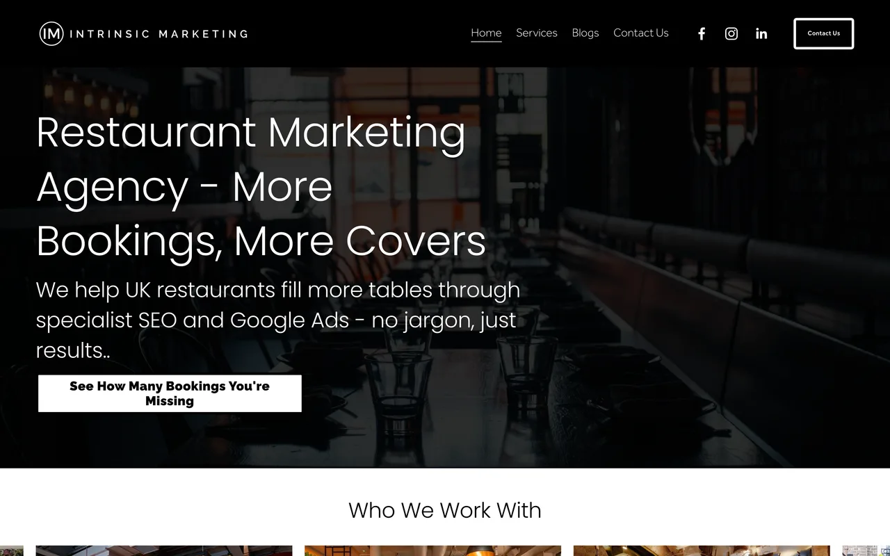 Intrinsic Marketing homepage screenshot, SEO and Google Ads for UK restaurants