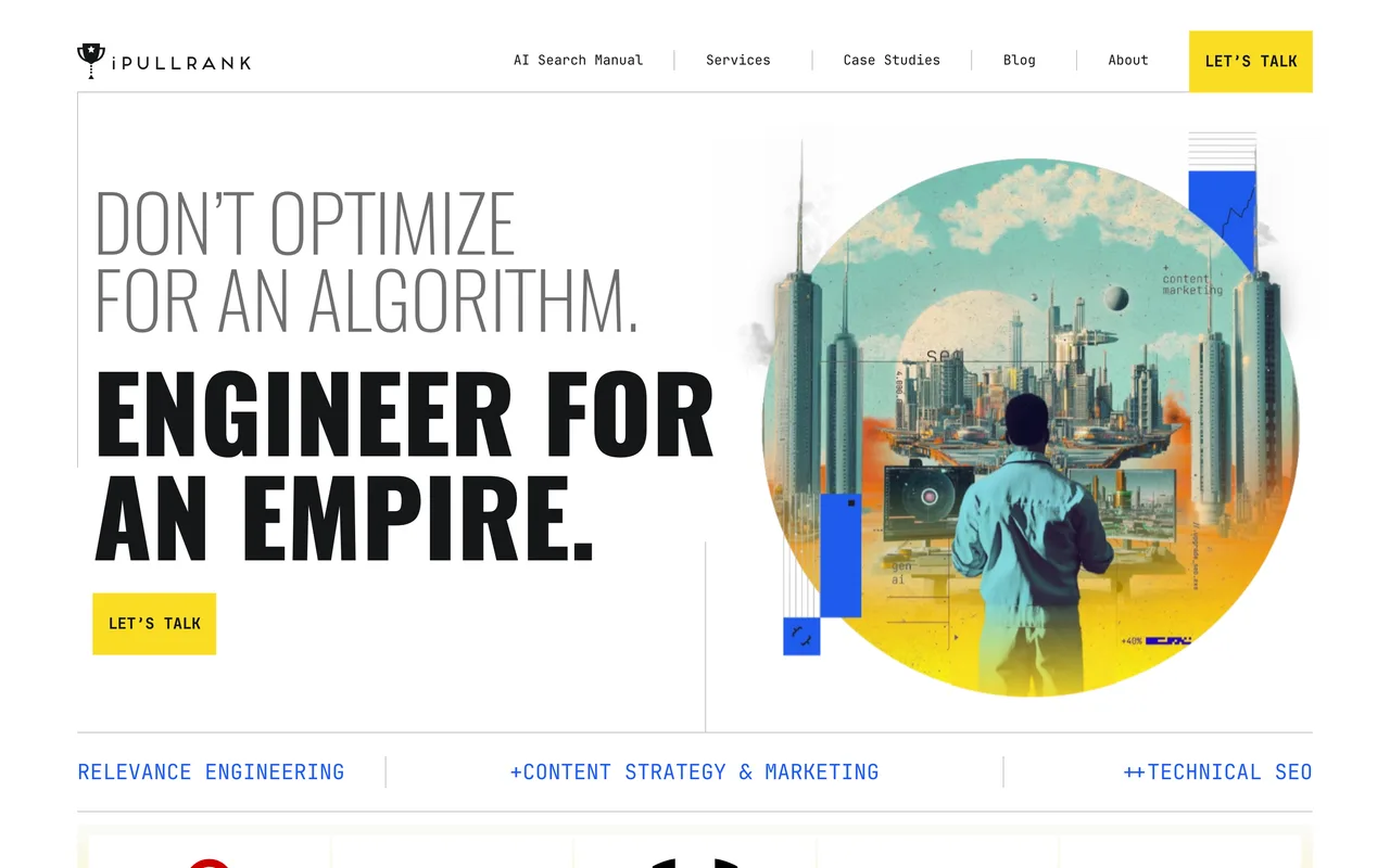 iPullRank homepage screenshot, AI search strategy and relevance engineering