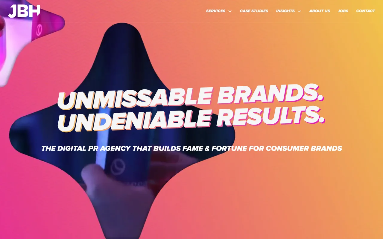 JBH (The Digital PR Agency) homepage screenshot, Dedicated digital PR and link building