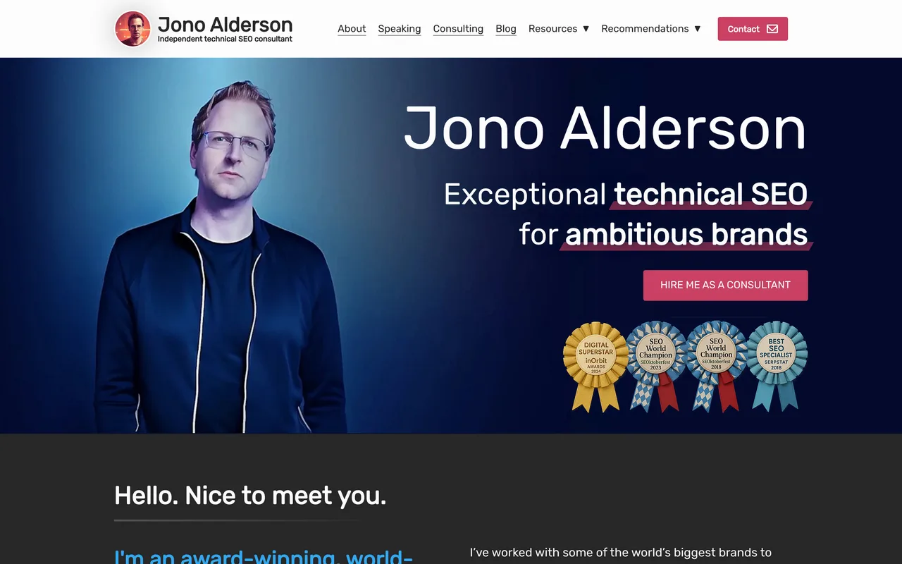 Jono Alderson homepage screenshot, Technical SEO, web performance and structured data