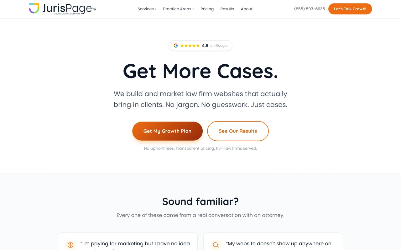 JurisPage homepage screenshot, Law firm website design and marketing