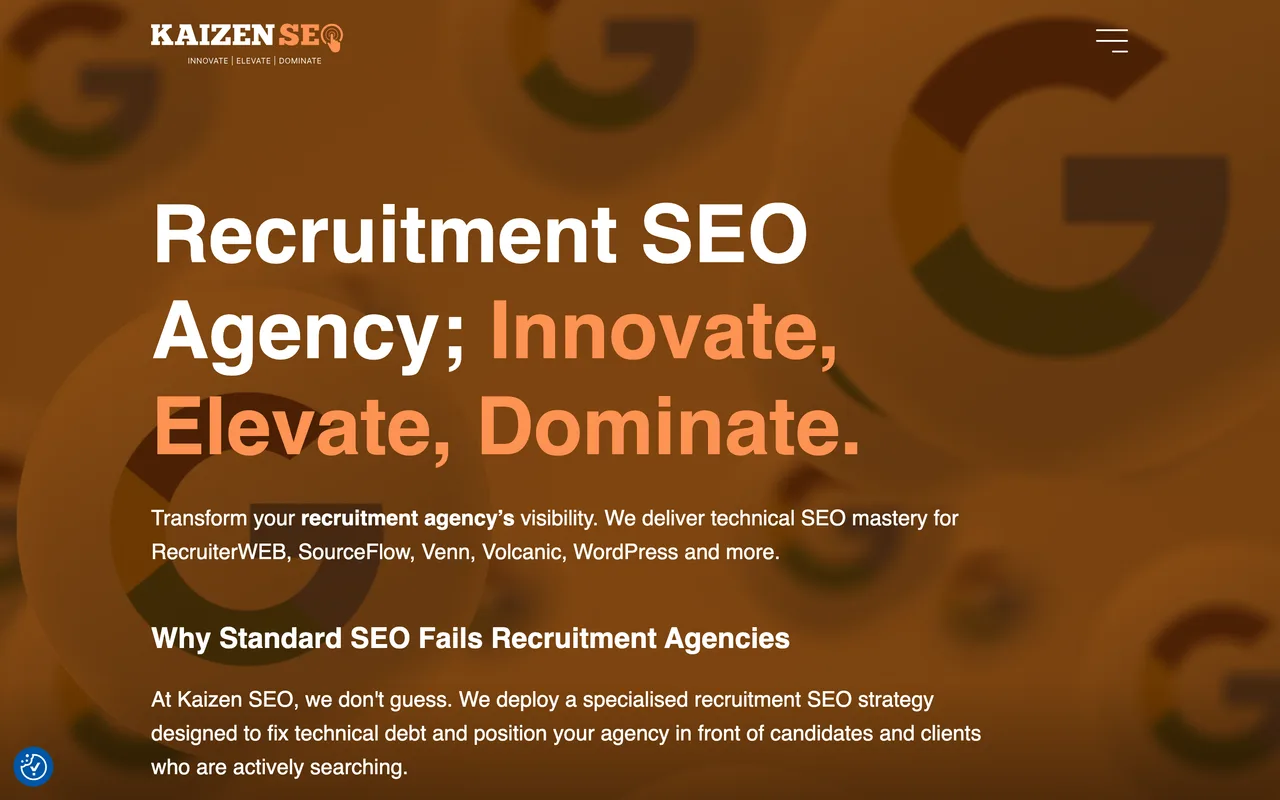 Kaizen SEO homepage screenshot, Recruitment-focused technical SEO