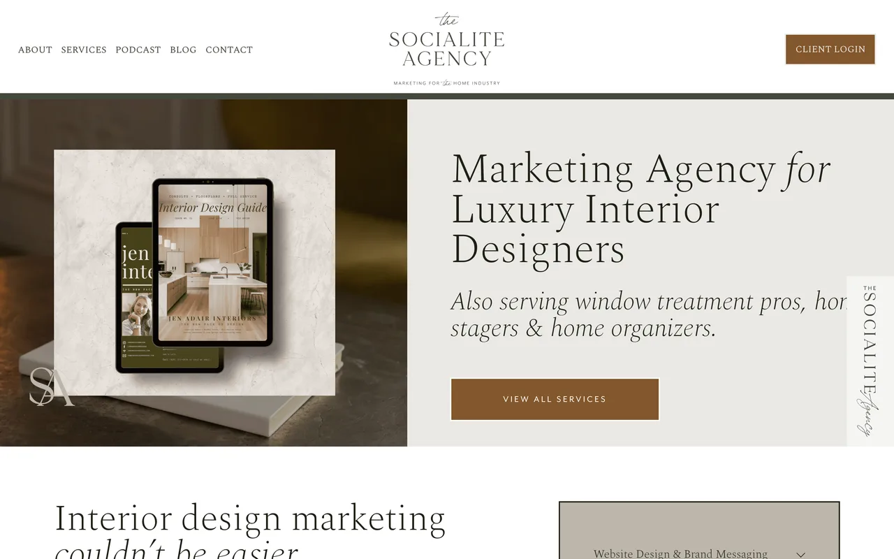 The Socialite Agency homepage screenshot, Marketing and search optimisation for interior designers