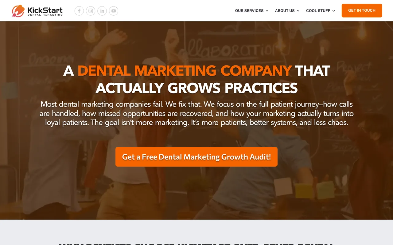 KickStart Dental Marketing homepage screenshot, Dental-only digital marketing with SEO