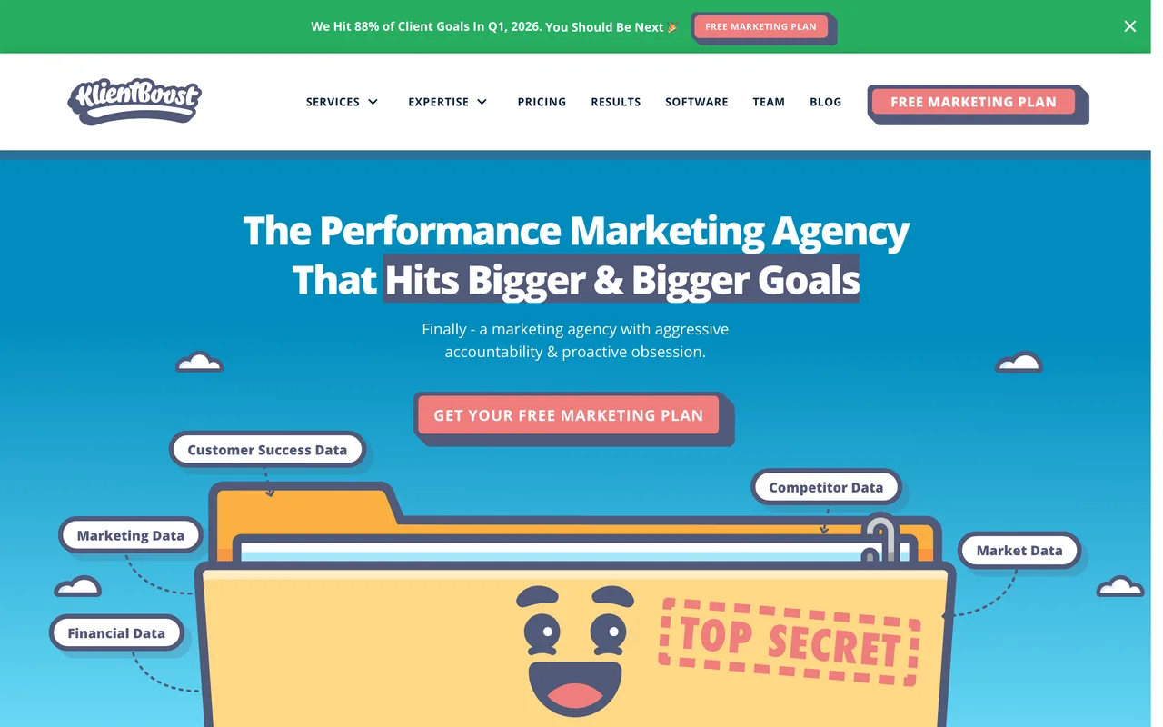 KlientBoost homepage screenshot, Performance marketing for B2B, SaaS and lead gen